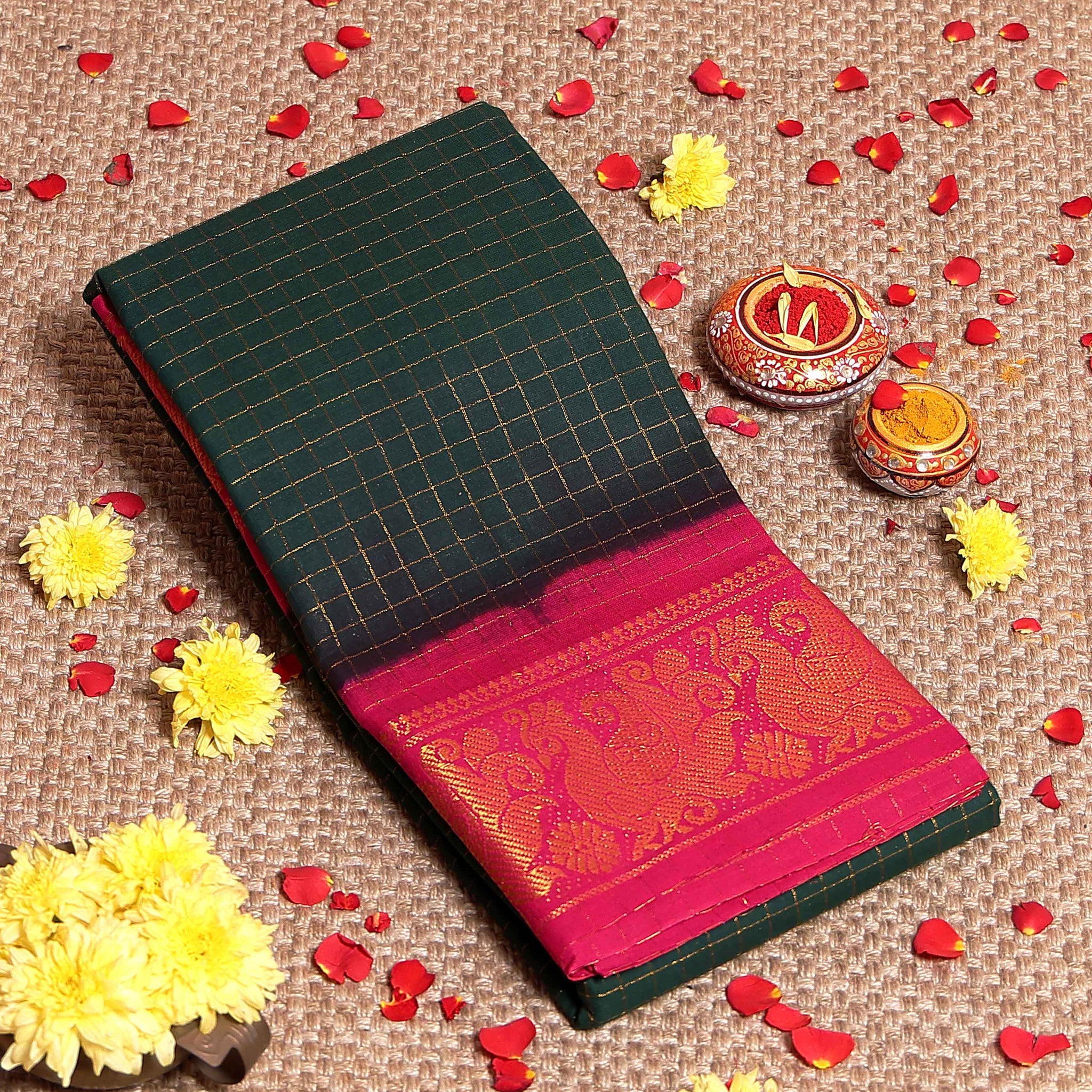 Authentic Handcrafted Sungudi Cotton Saree with Ornate Zari Work and Classic Check Weave - Green