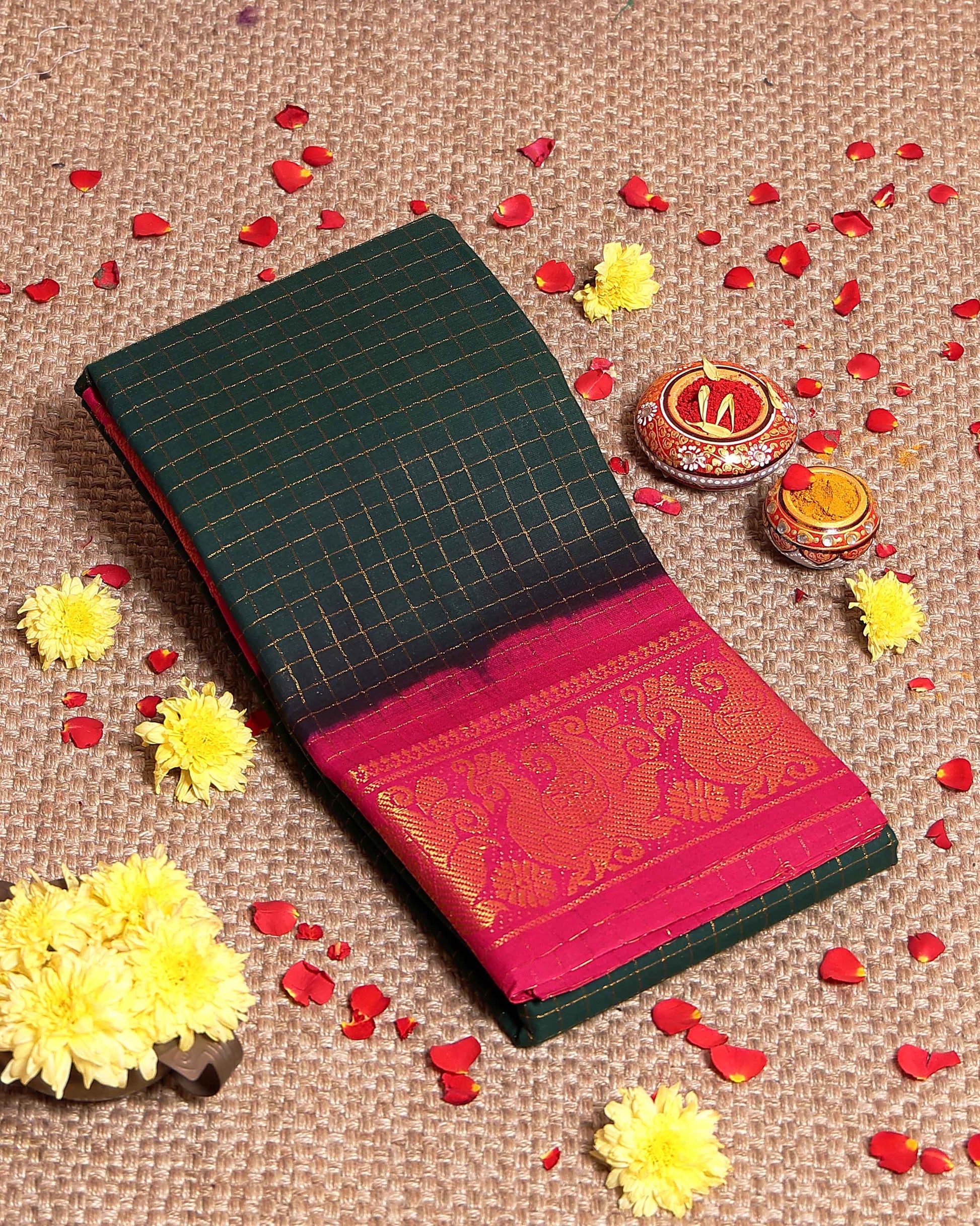 Authentic Handcrafted Sungudi Cotton Saree with Ornate Zari Work and Classic Check Weave - Green