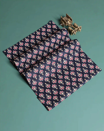Women’s 1 Meter Printed Blouse Material with Intricate Traditional Floral Motif Pattern - Navy Blue