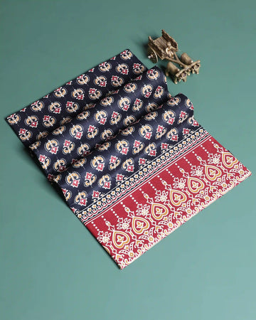 Women’s 1 Meter Blouse Material with All Over Floral Motif Print and Decorative Border Design - Navy Blue