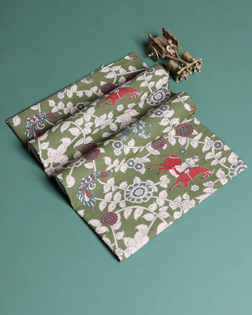 Women’s 1 Meter Blouse Material with Floral Vine Peacock and Traditional Figure Printed Design - Green
