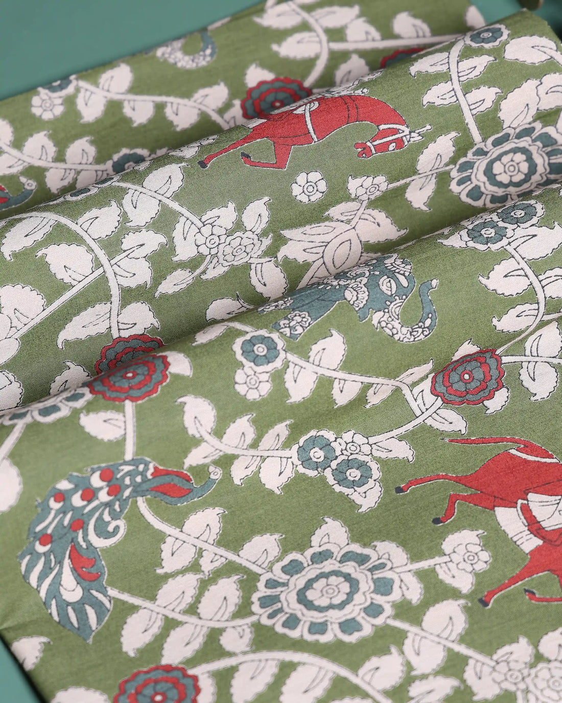 Women’s 1 Meter Blouse Material with Floral Vine Peacock and Traditional Figure Printed Design - Green
