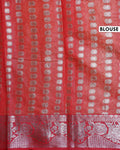 Elegant Banarasi Tissue Saree with Intricate Silver Zari Floral Jaal Weaving and Traditional Brocade Border - Red-Blouse