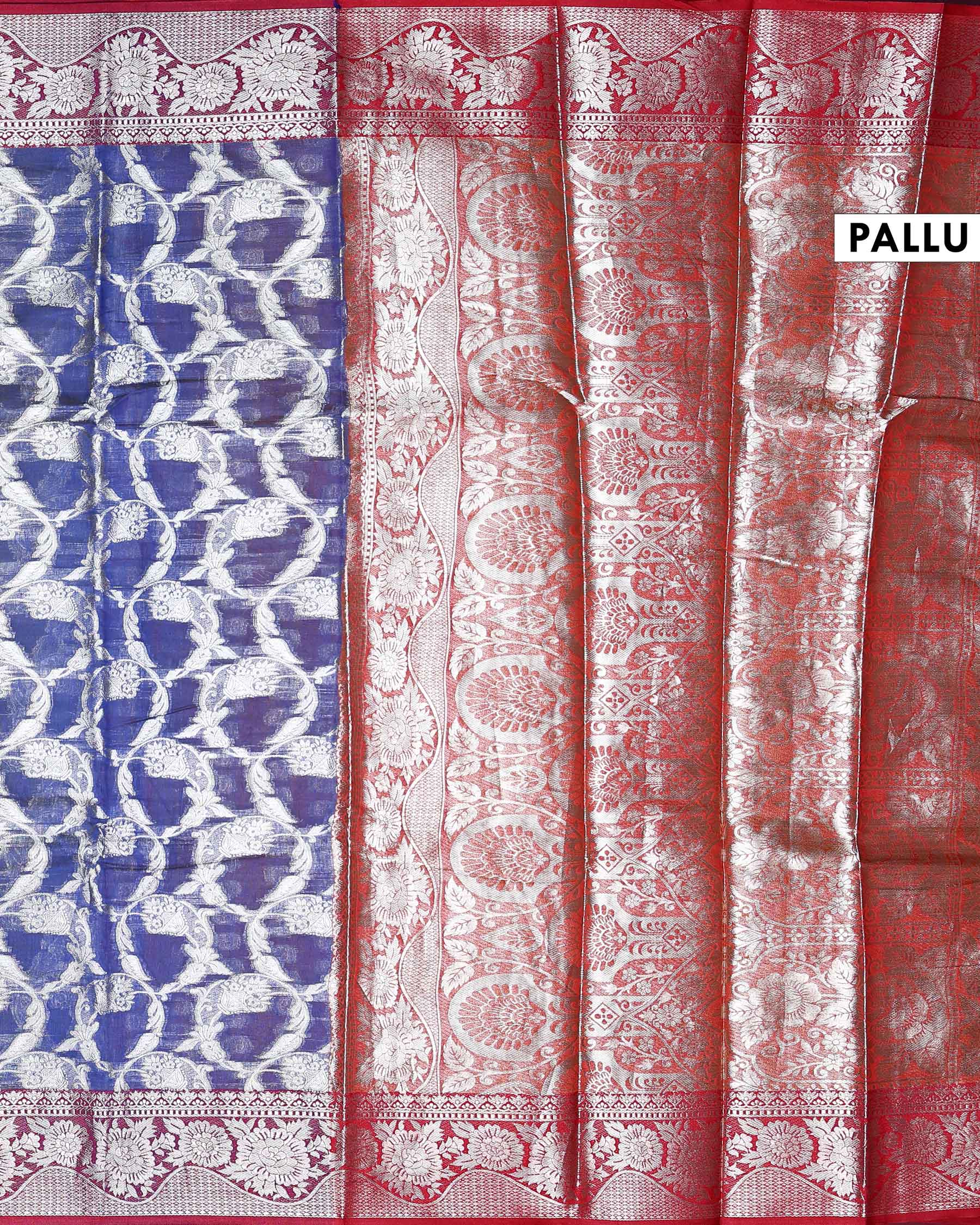 Elegant Banarasi Tissue Saree with Intricate Silver Zari Floral Jaal Weaving and Traditional Brocade Border - Red-Pallu