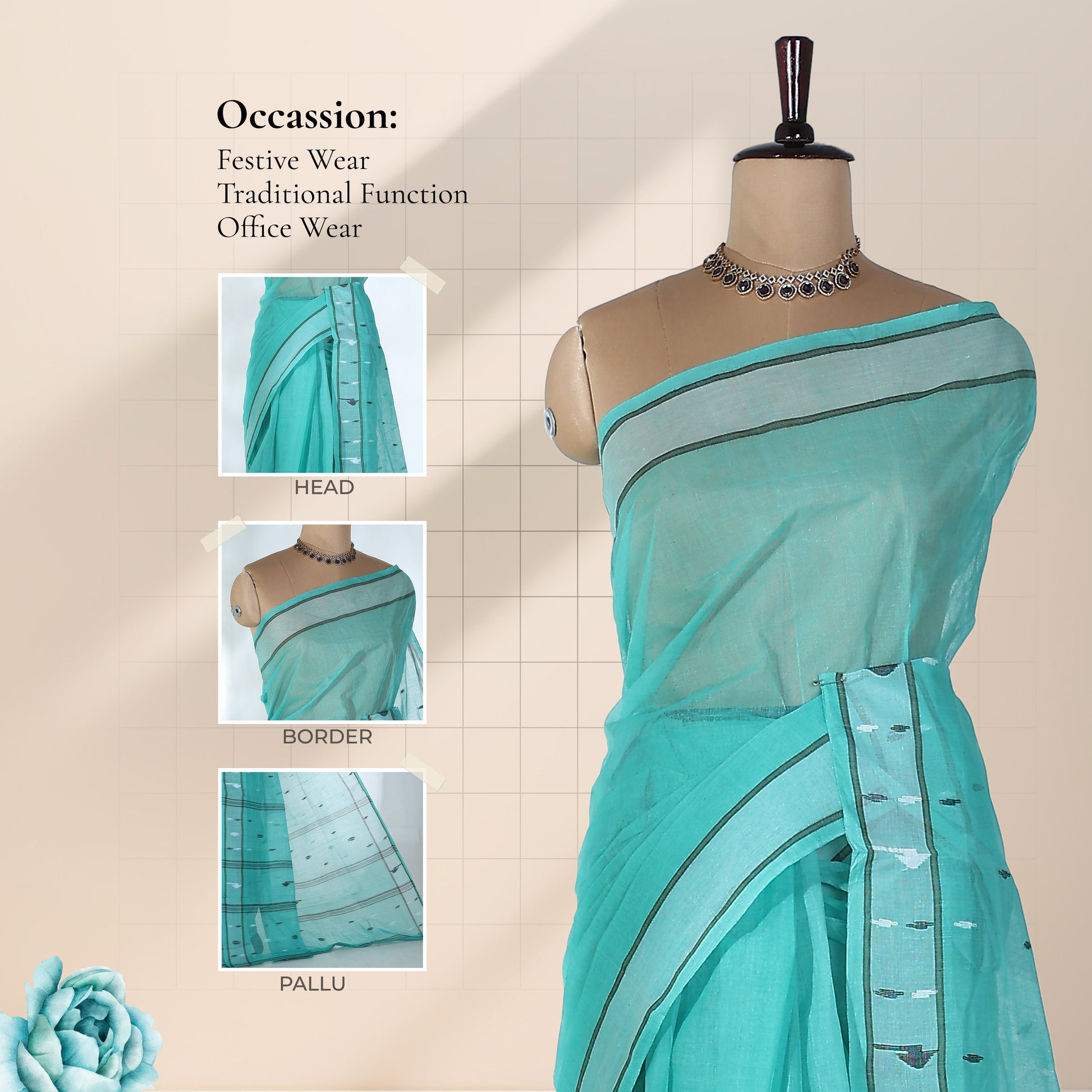 Bengal Cotton Saree With Woven Buti Motifs And Contrast Border In Aqua Blue Front Draped Mannequin View