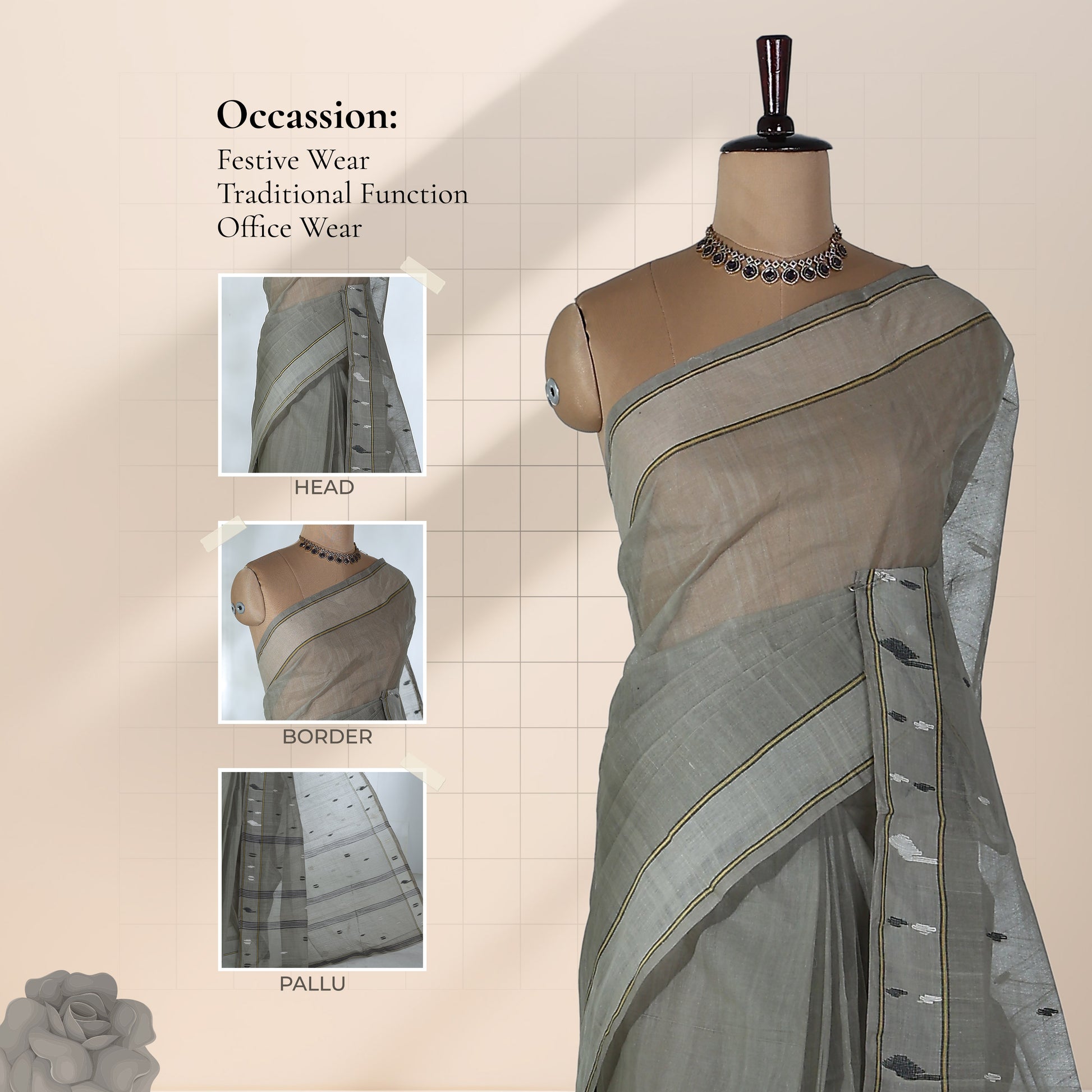 Bengal Cotton Saree With Woven Buti Motifs And Contrast Border In Grey Front Draped Mannequin View