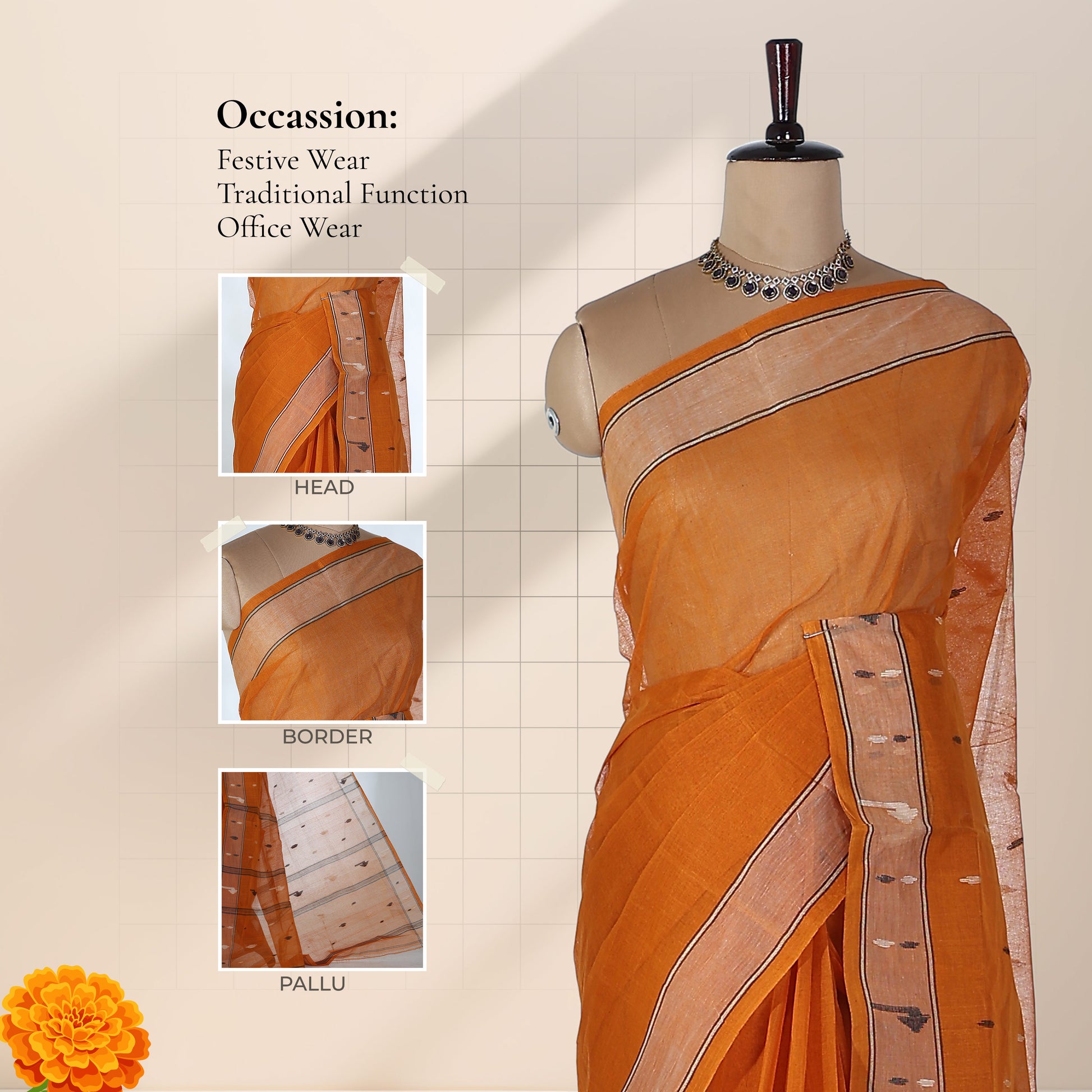 Bengal Cotton Saree With Woven Buti Motifs And Contrast Border In Orange Front Draped Mannequin View