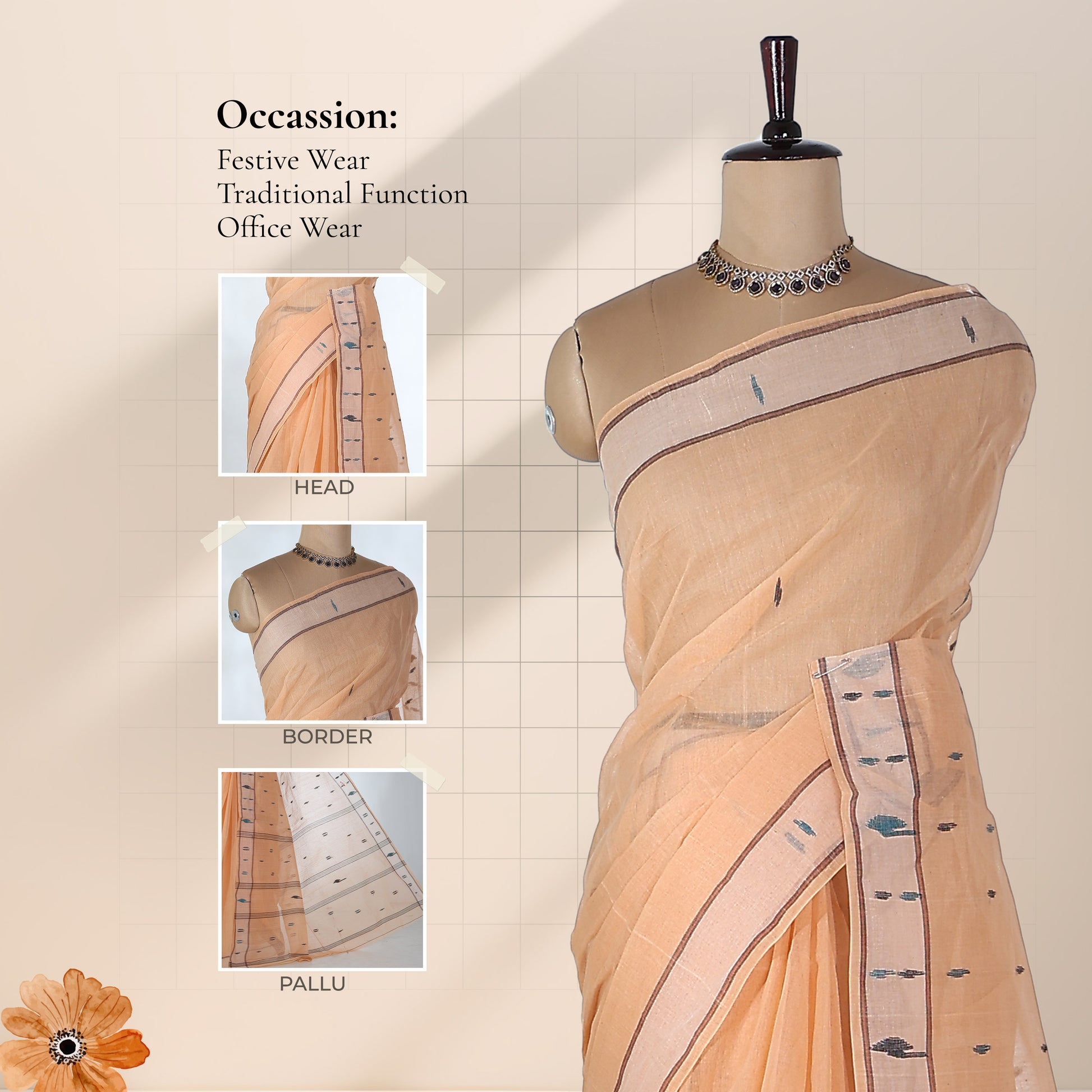 Bengal Cotton Saree With Woven Buti Motifs And Contrast Border In Peach Front Draped Mannequin View