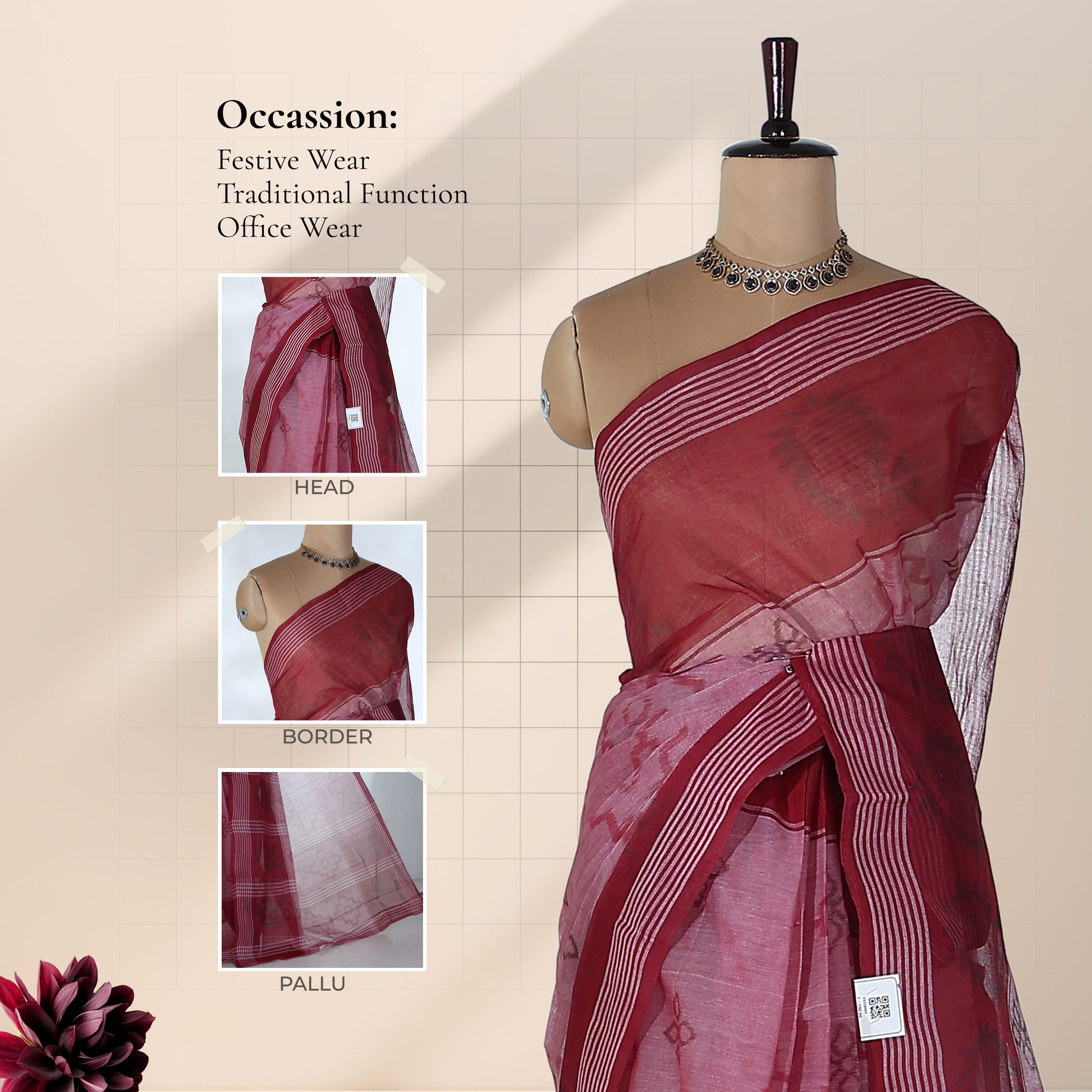 Bengal Cotton Saree With Woven Butta Motifs And Contrast Border In  Maroon Draped Front View