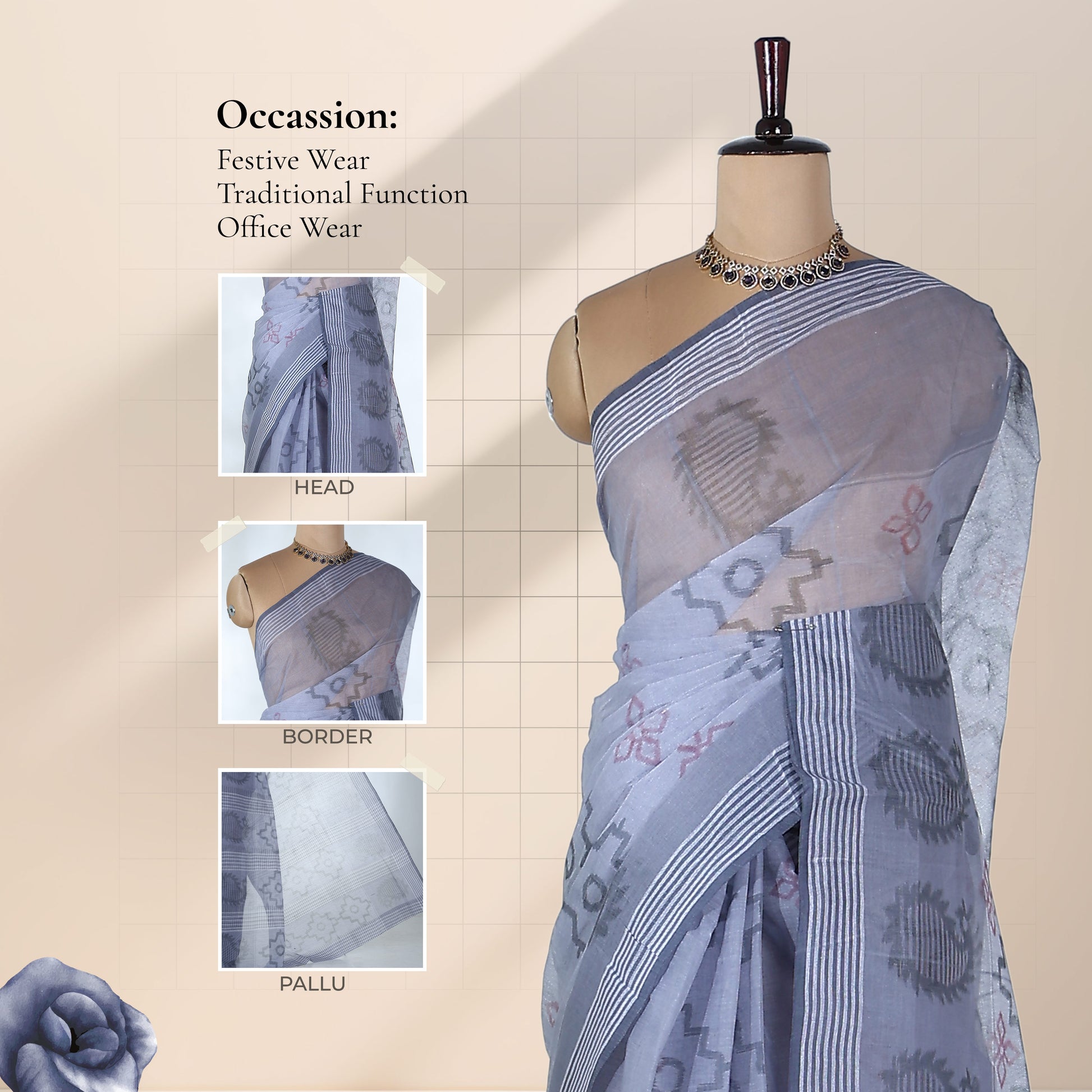 Bengal Cotton Saree With Woven Butta Motifs And Contrast Border In  Grey Draped Front View