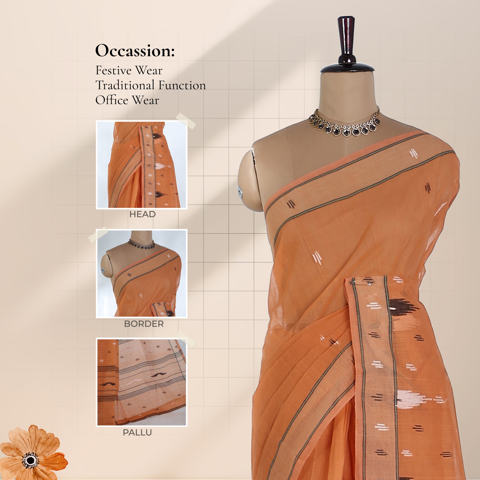 Bengal Cotton Saree With Woven Butta Motifs And Contrast Border In  Orange Draped Front View 