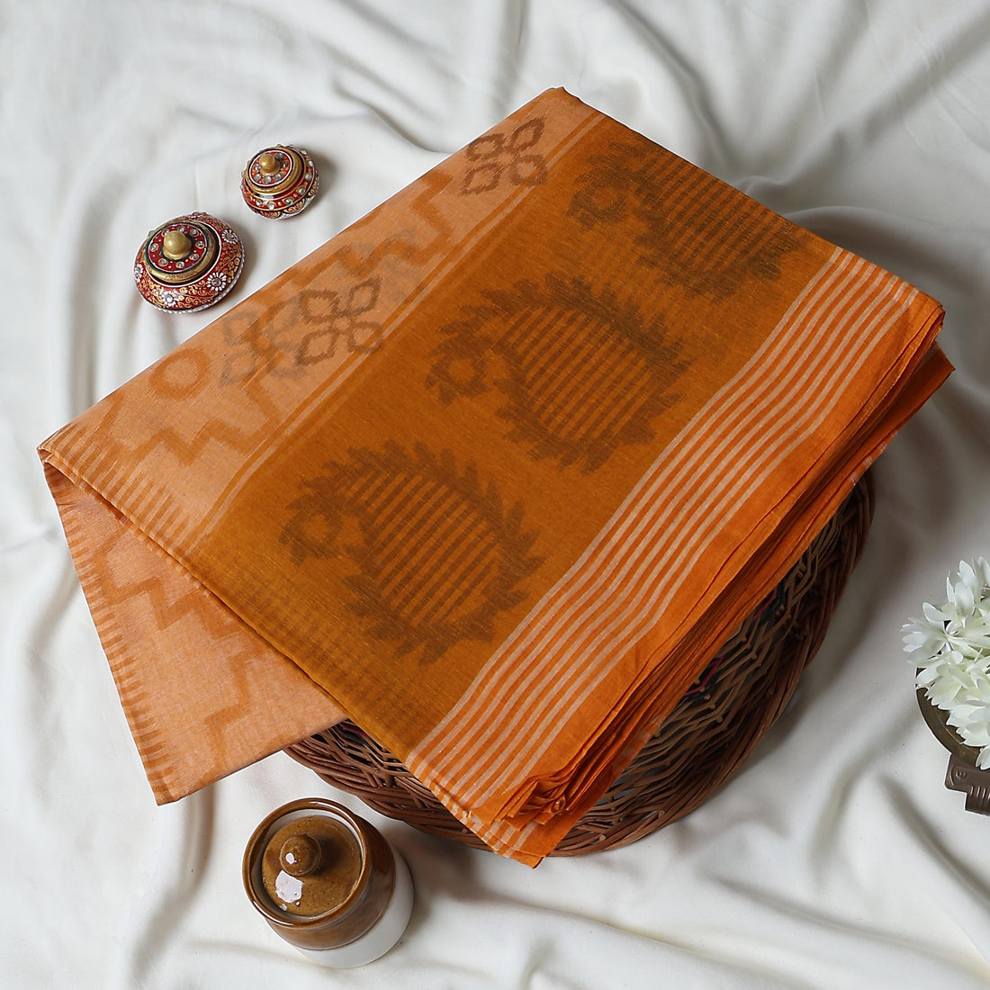 Orange Bengal Cotton Saree For Women | Daily Office Wear Summer Collection | Jeyachandran - Full View