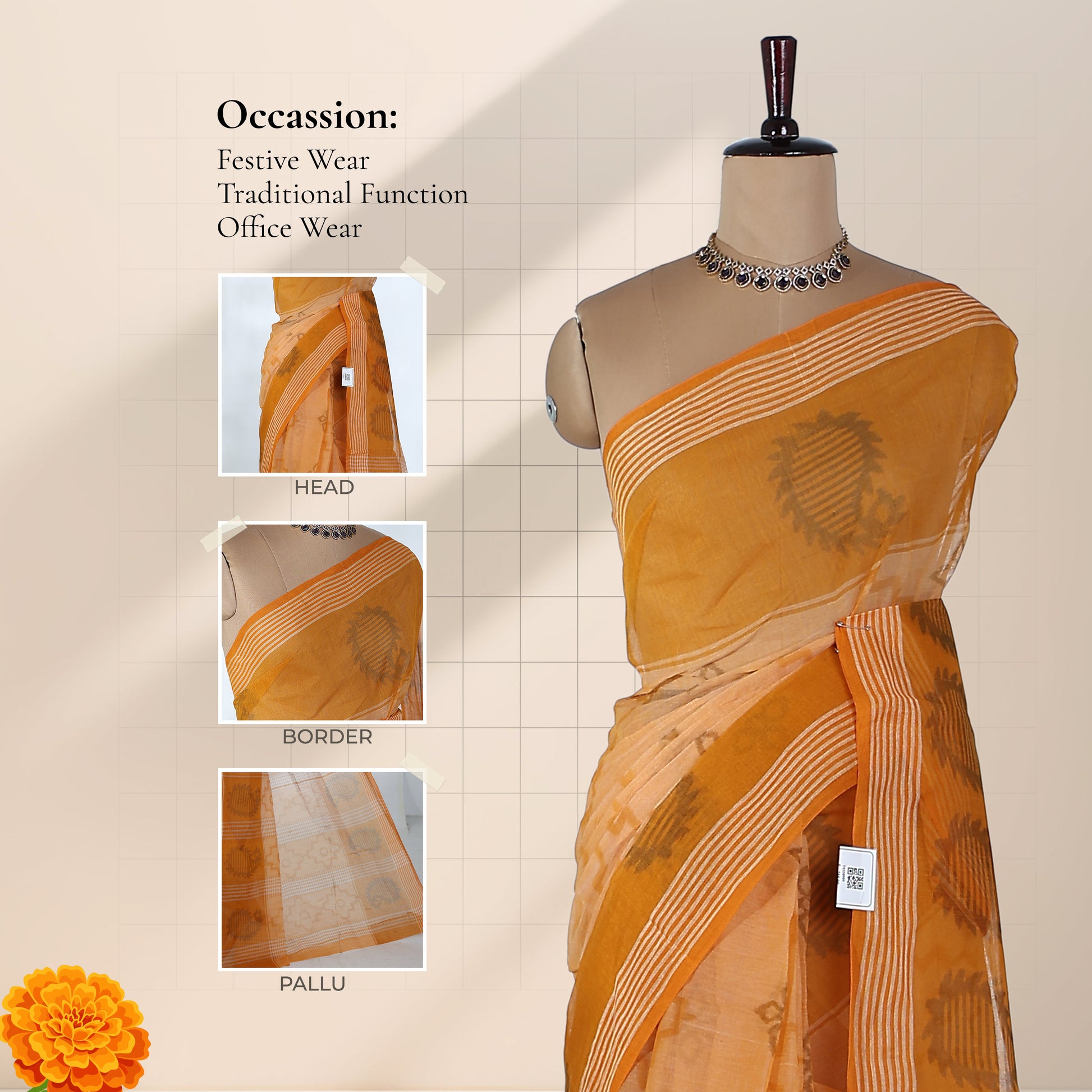 Bengal Cotton Saree With Woven Floral Motifs And Striped Border In Dark Pink  Front Draped Mannequin View