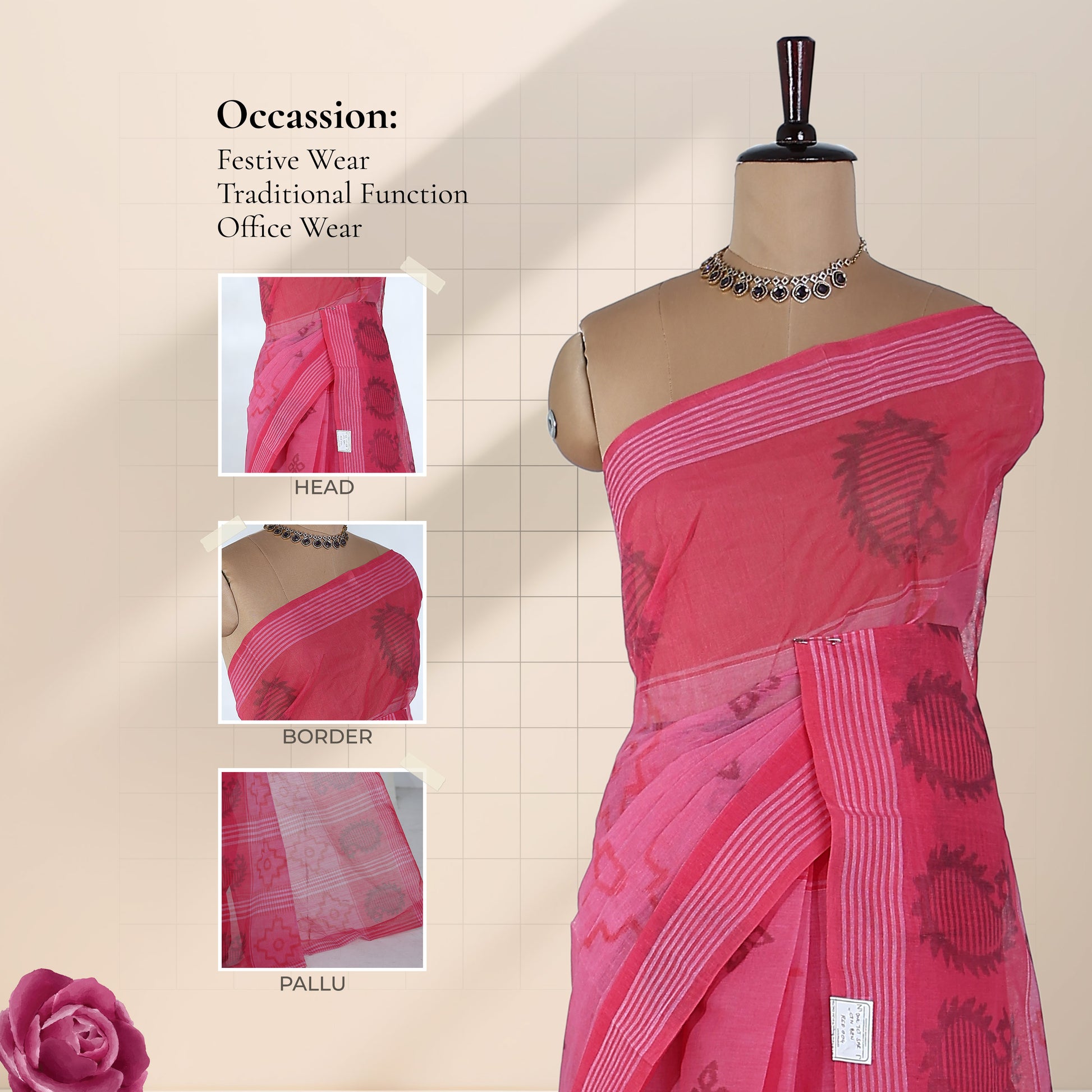 Bengal Cotton Saree With Woven Floral Motifs And Striped Border In Red  Front Draped Mannequin View