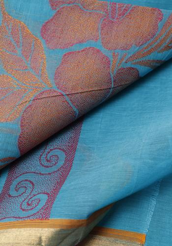 Blue Colour Handloom Saree Floral Design