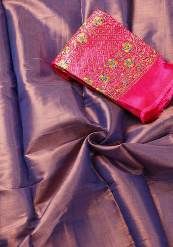 Blue Colour Satin Saree With Border & Embroidered Blouse Piece
