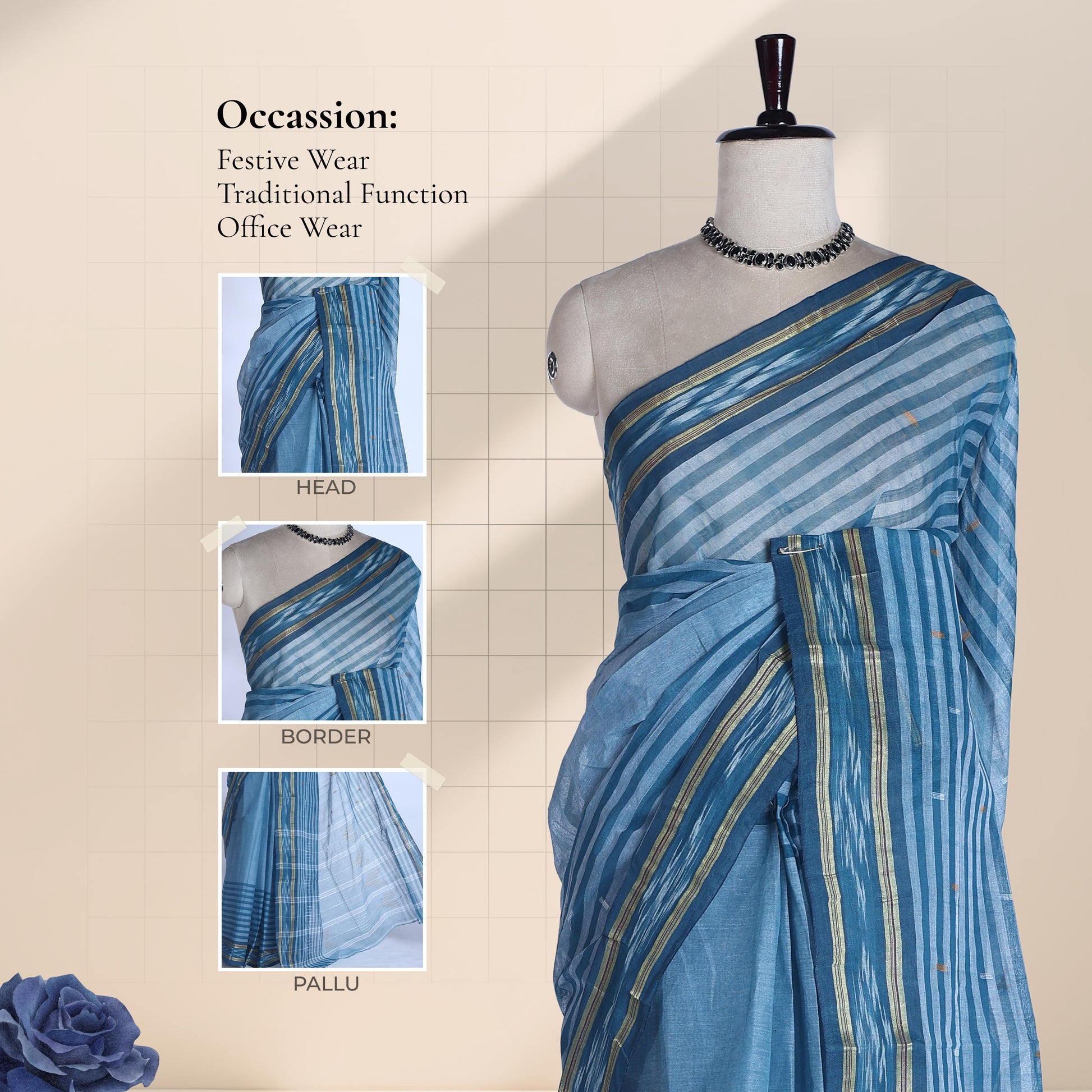 Blue Bengal Cotton Saree Featuring Woven Stripes, Butta Motifs And Contrast Pallu Draped Front View