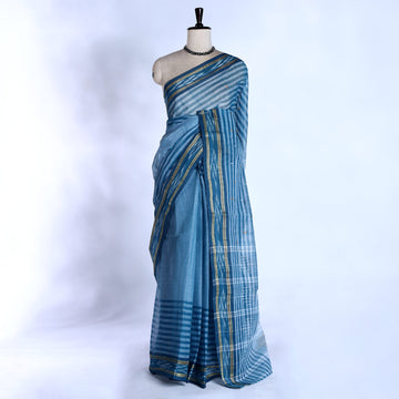 Blue Elegant Bengal Cotton Saree For Women | Daily Office Wear Summer Collection | Jeyachandran - Full View