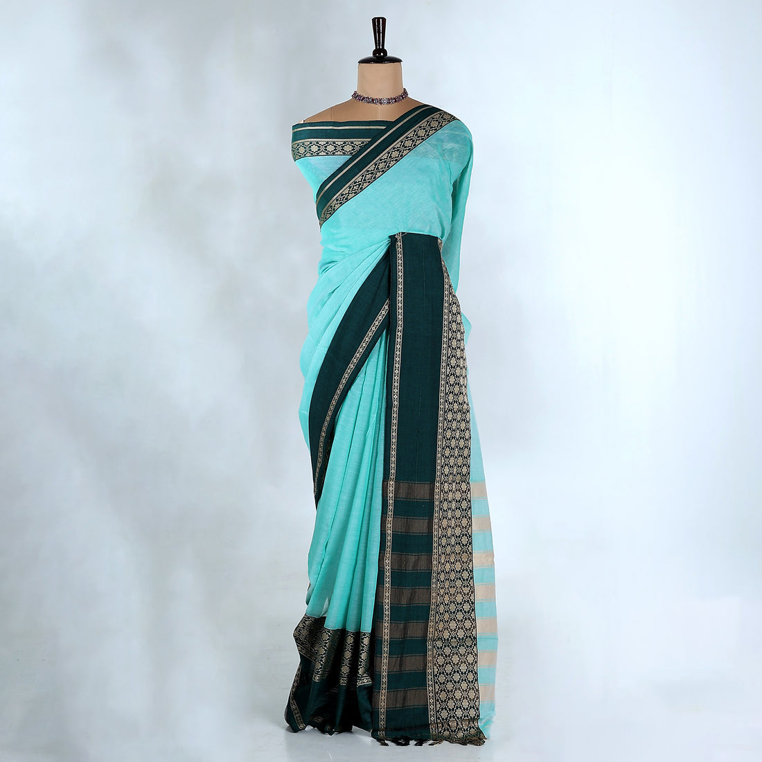 Blue Mangalagiri Cotton Saree With Teal Zari Border And Woven Pallu - Full View
