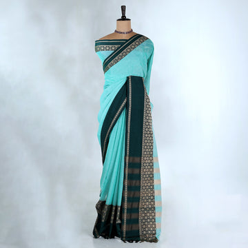 Blue Mangalagiri Cotton Saree With Teal Zari Border And Woven Pallu - Full View
