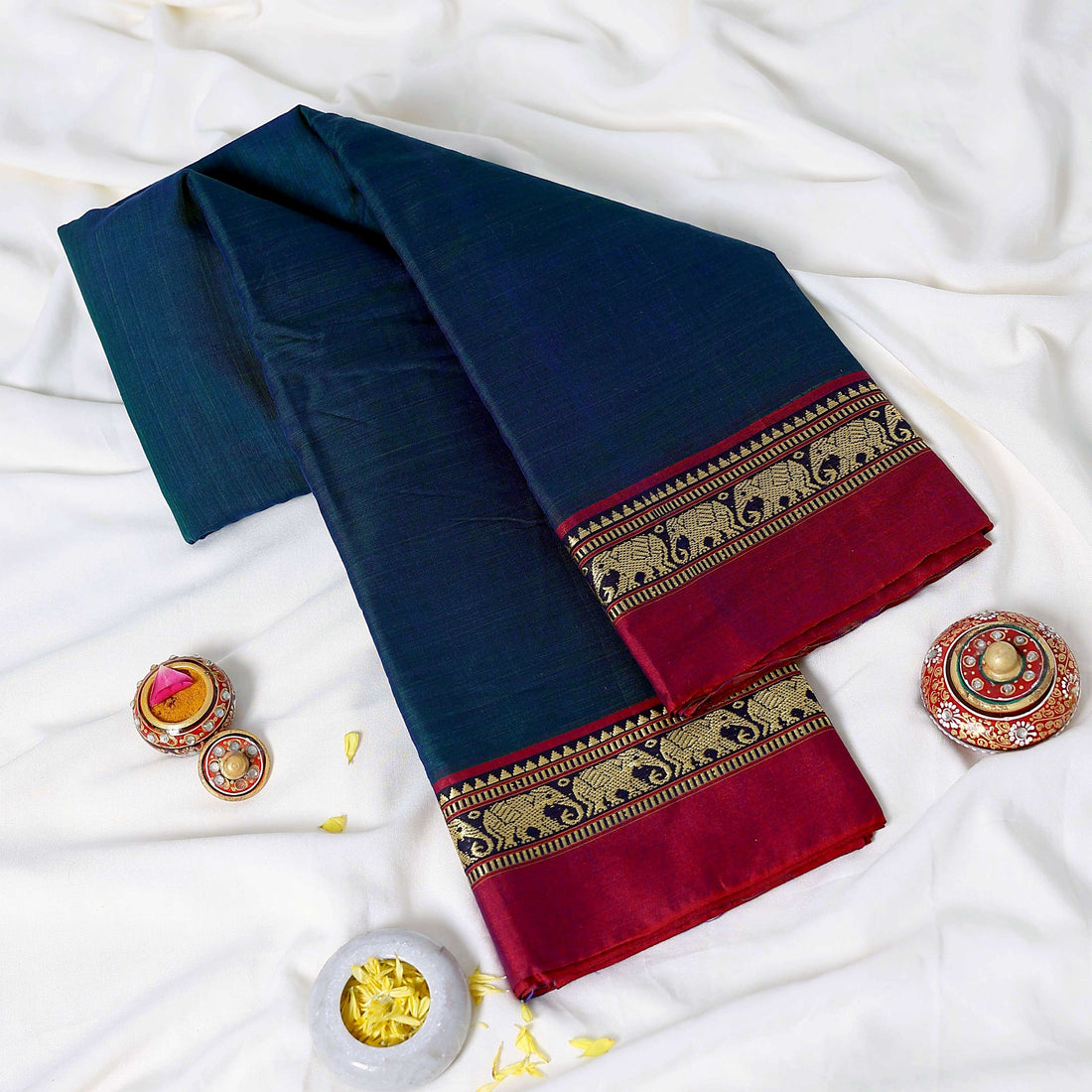 Blue Mangalagiri Cotton Saree with Maroon Border and Pallu - Full View