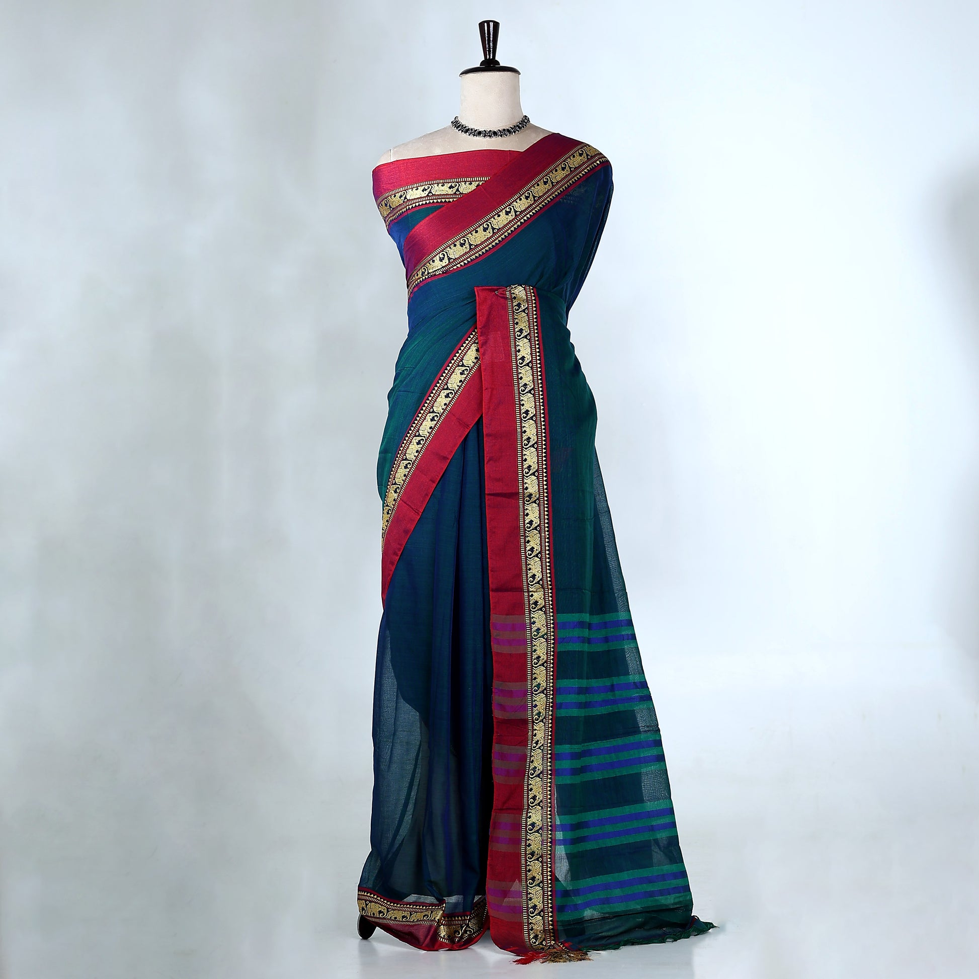 Blue Mangalagiri Cotton Saree with Maroon Border and Pallu - Full View