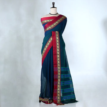 Blue Mangalagiri Cotton Saree with Maroon Border and Pallu - Full View