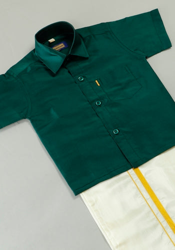 Bottle Green Colour Silk Cotton Dhoti & Shirt Set Online Shopping