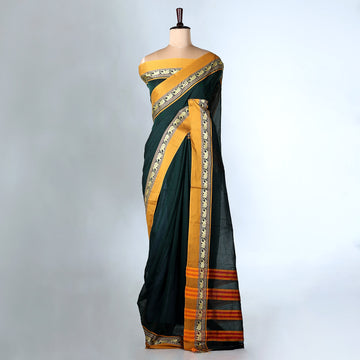 Bottle Green Mangalagiri Cotton Saree with Yellow Border and Pallu - Full View