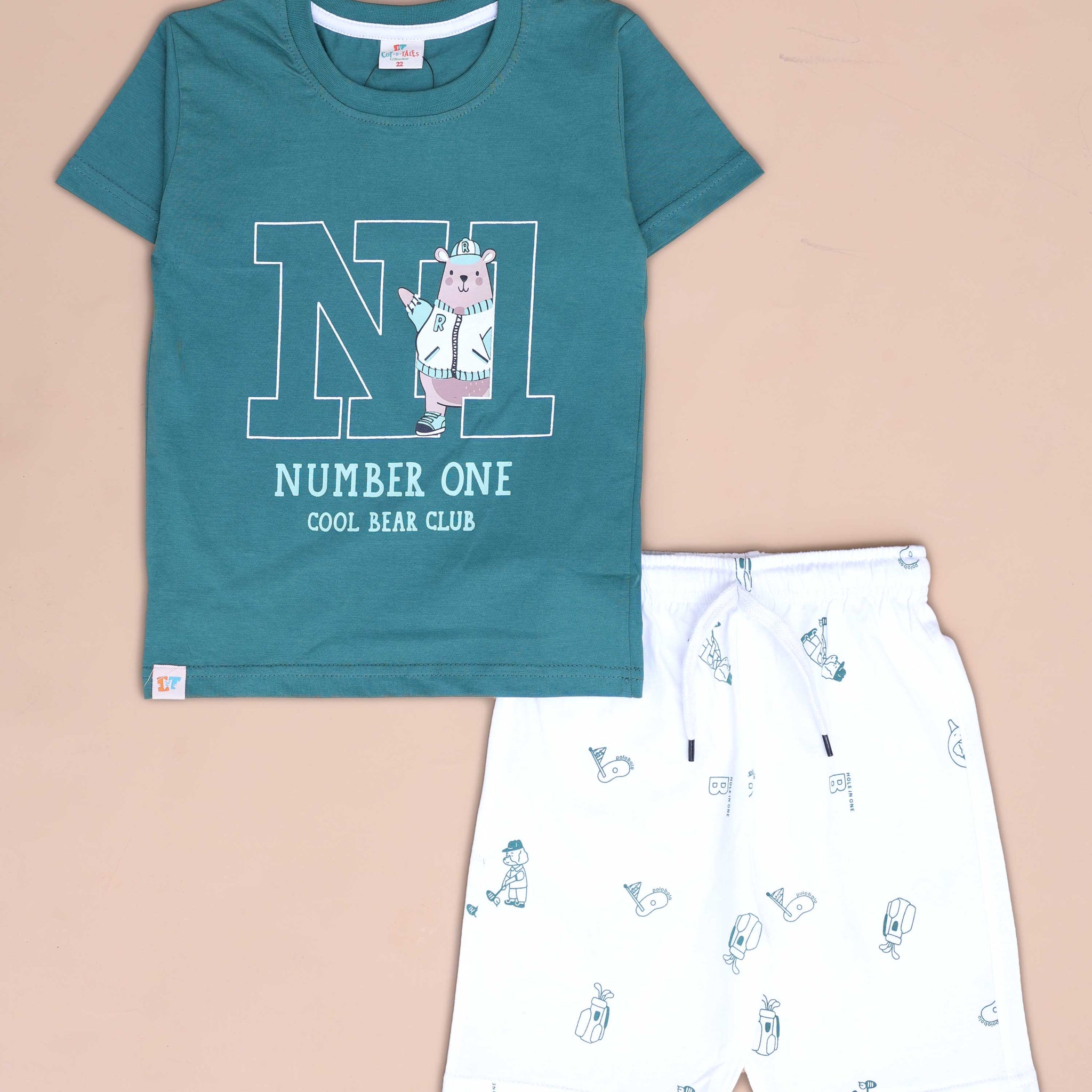 Boys' Casual Printed T-shirt and Shorts Set - Green & White