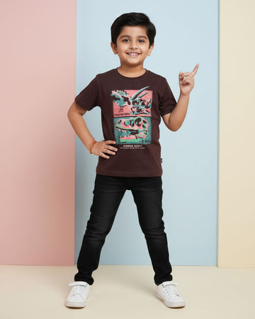 Boys Casual Stylish Printed T- Shirt - Dark Brown