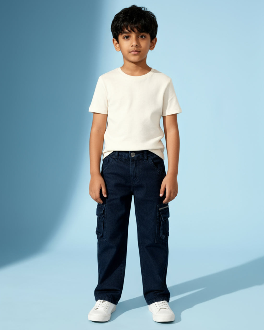 Boys' Classic Denim Cargo Jeans with Front Pockets and Zip Detailing - Blue