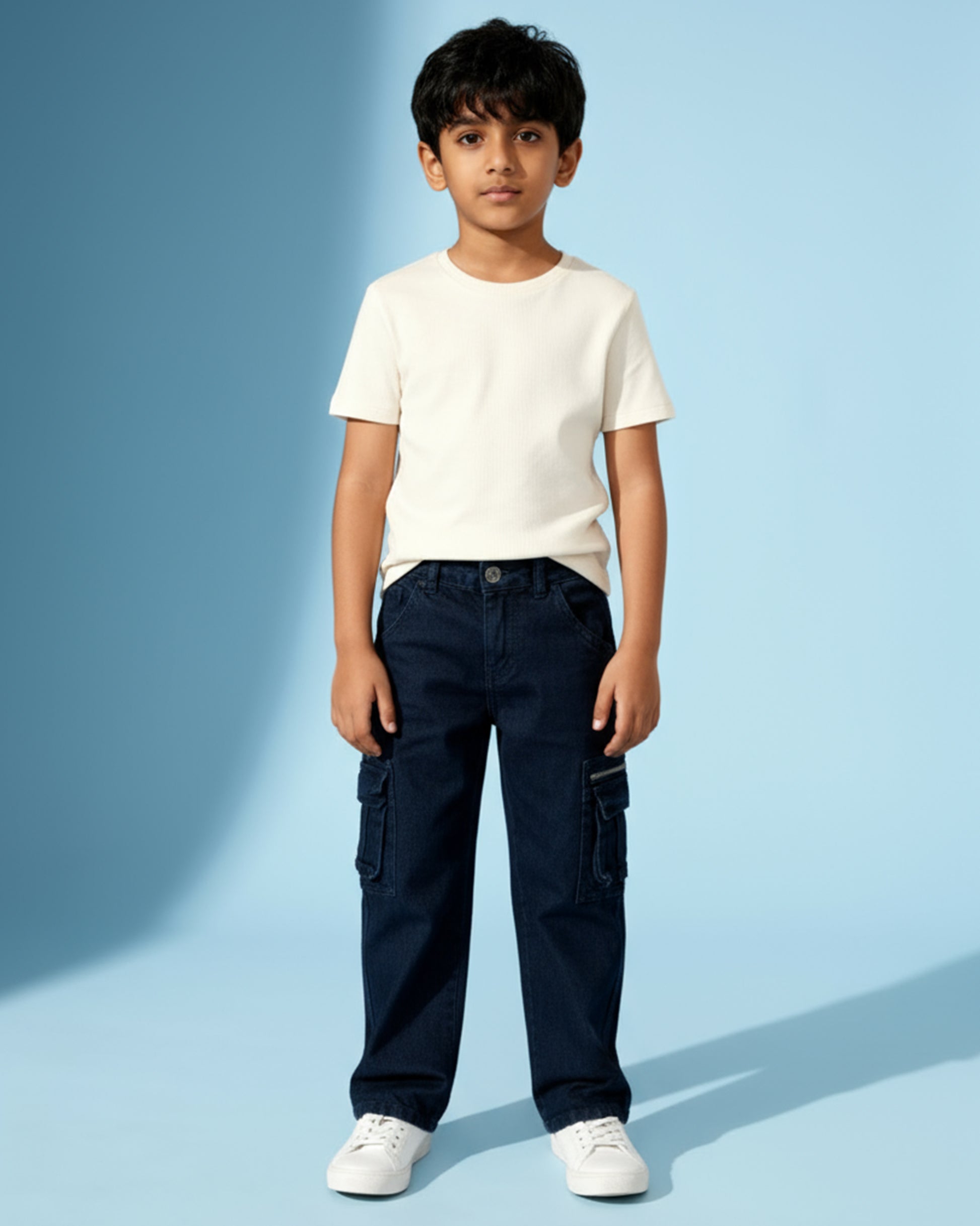 Boys' Classic Denim Cargo Jeans with Front Pockets and Zip Detailing - Blue