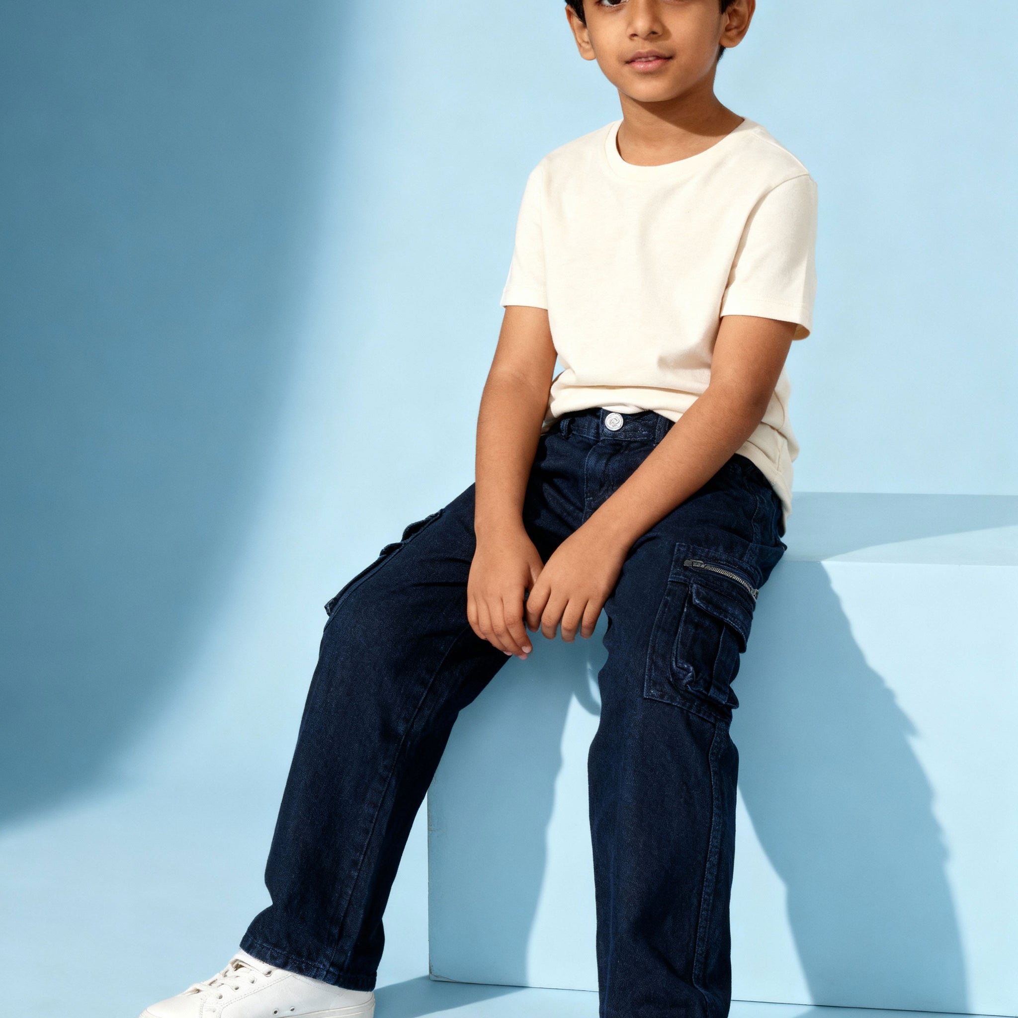 Boys' Classic Denim Cargo Jeans with Front Pockets and Zip Detailing - Blue