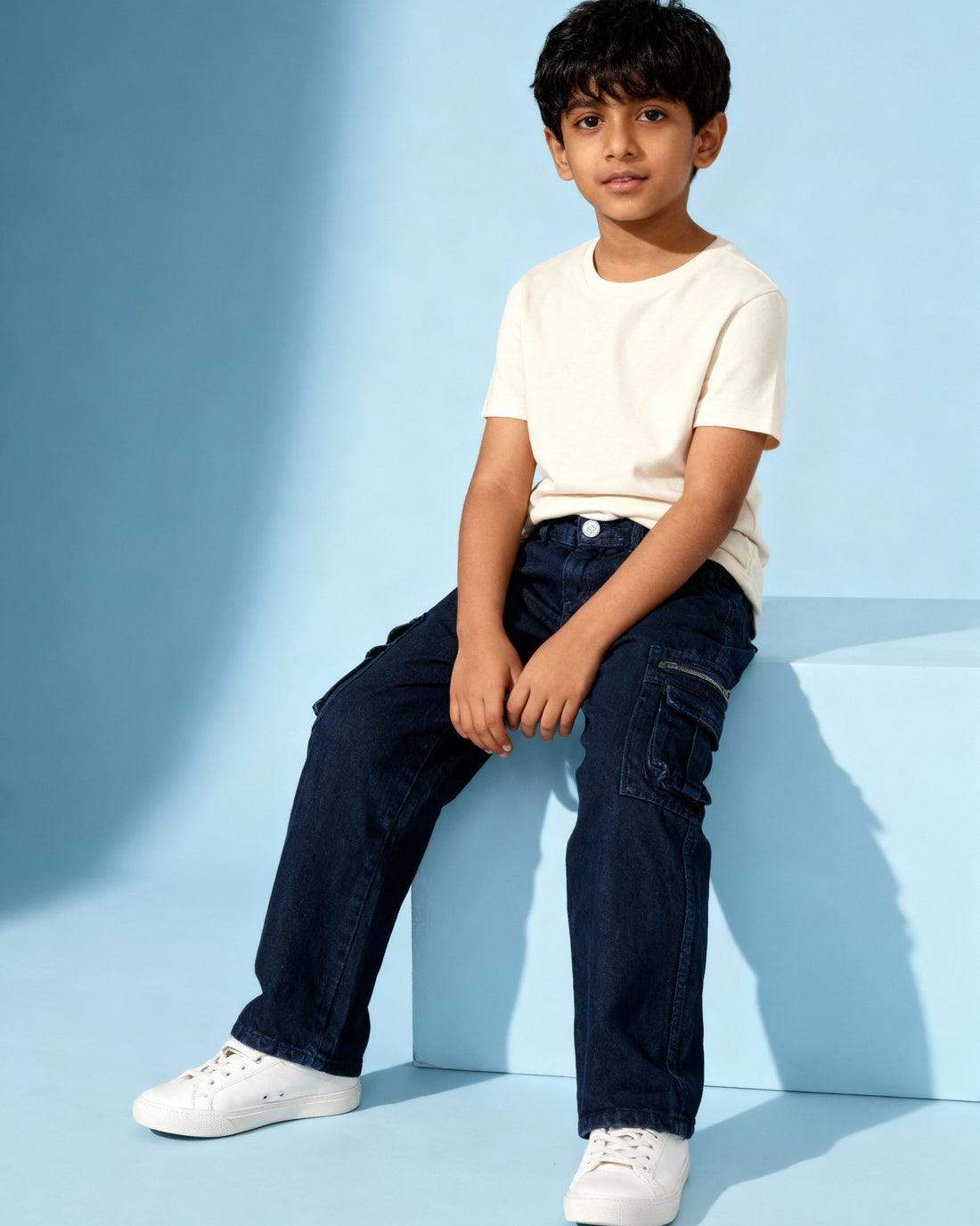 Boys' Classic Denim Cargo Jeans with Front Pockets and Zip Detailing - Blue