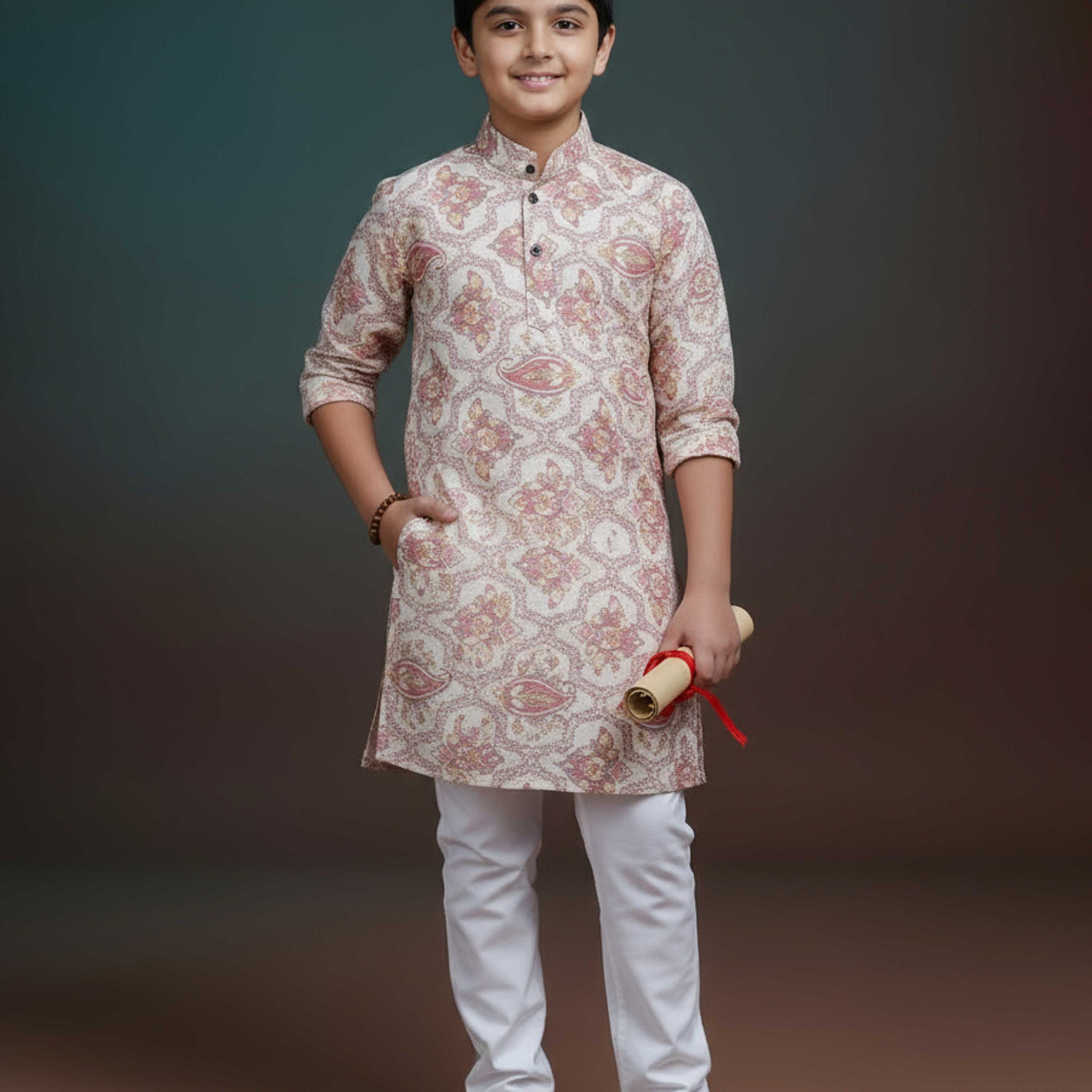 Boys Floral Printed Festive Kurta Set with Mandarin Collar - Brown