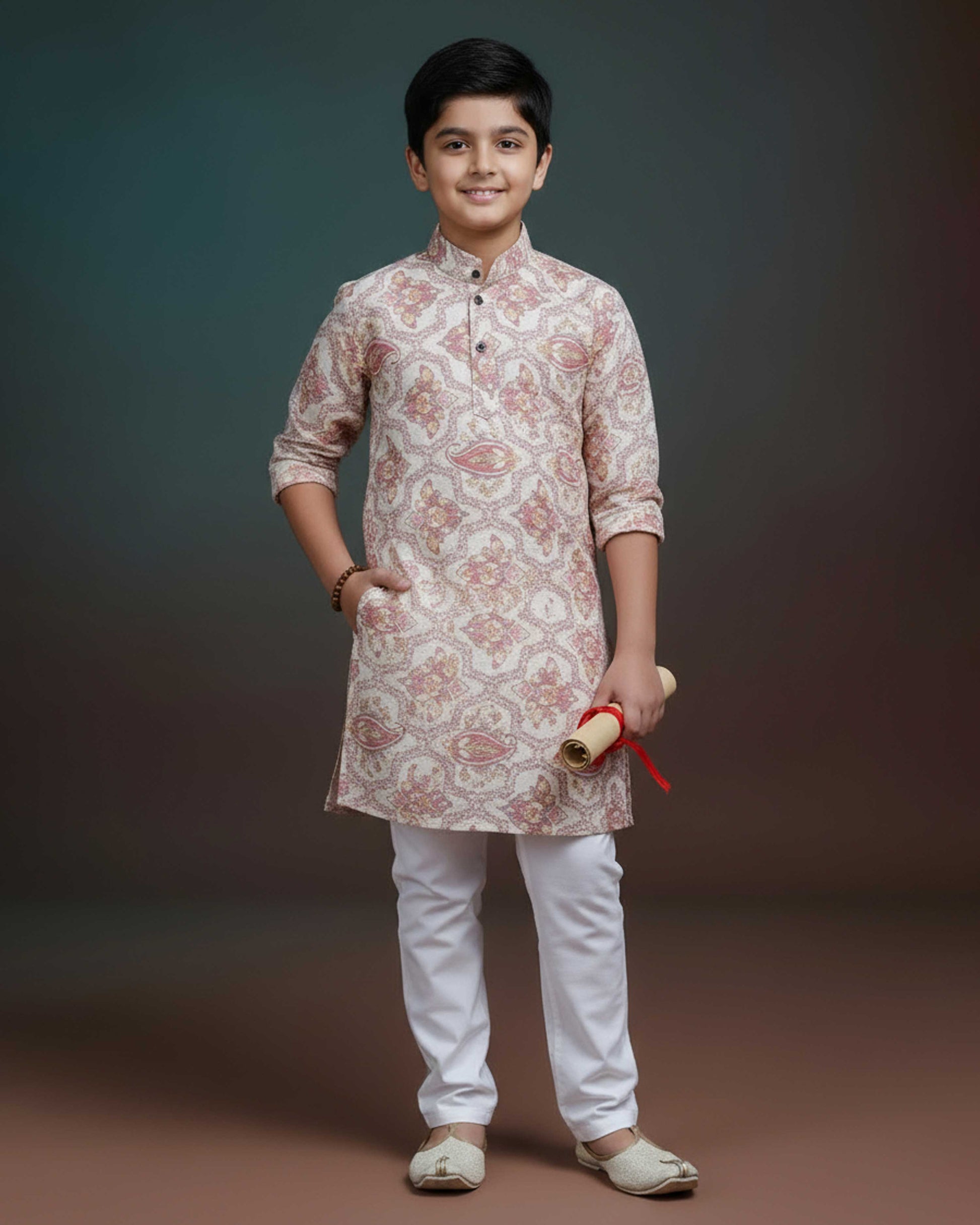 Boys Floral Printed Festive Kurta Set with Mandarin Collar - Brown