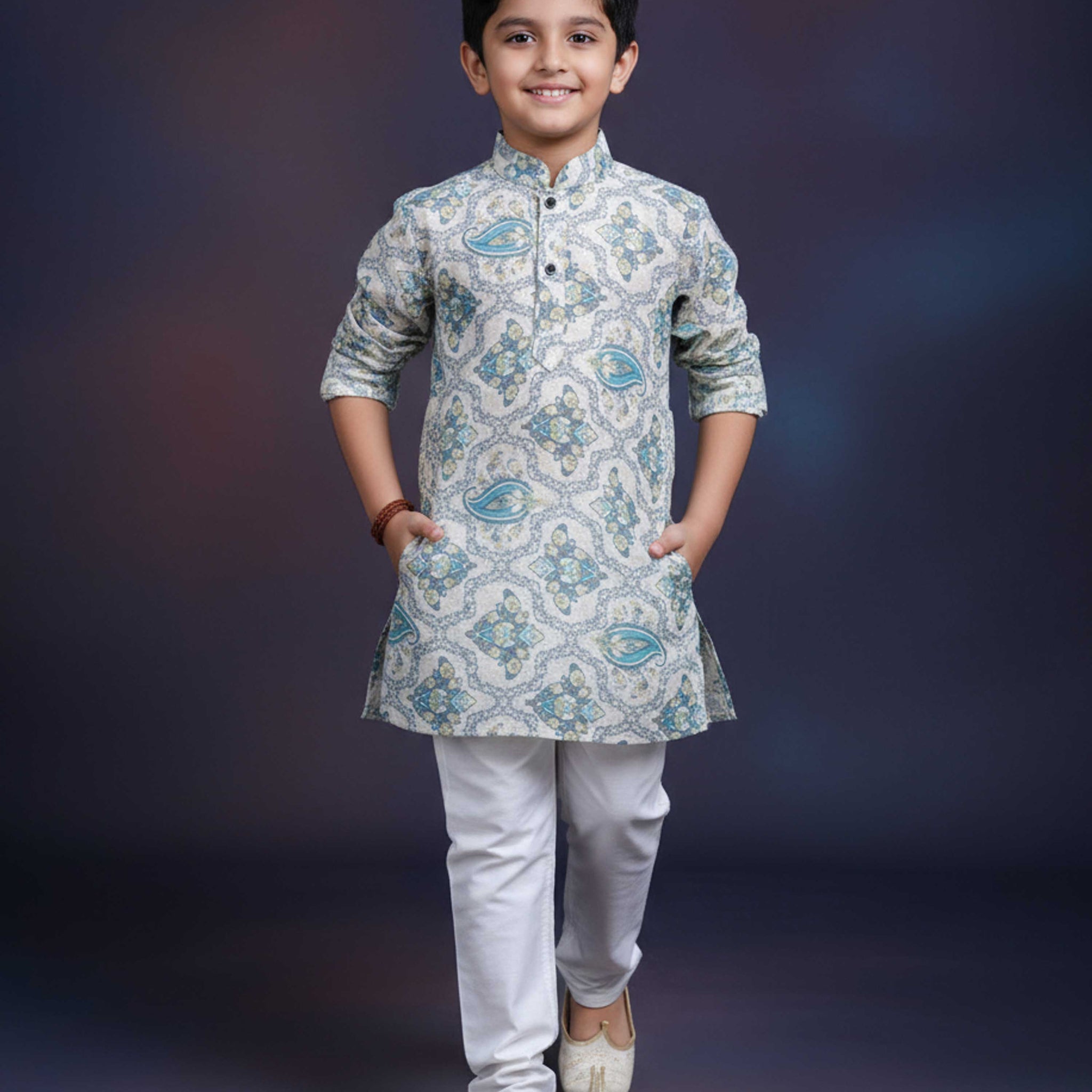 Boys Floral Printed Festive Kurta Set with Mandarin Collar - Cream