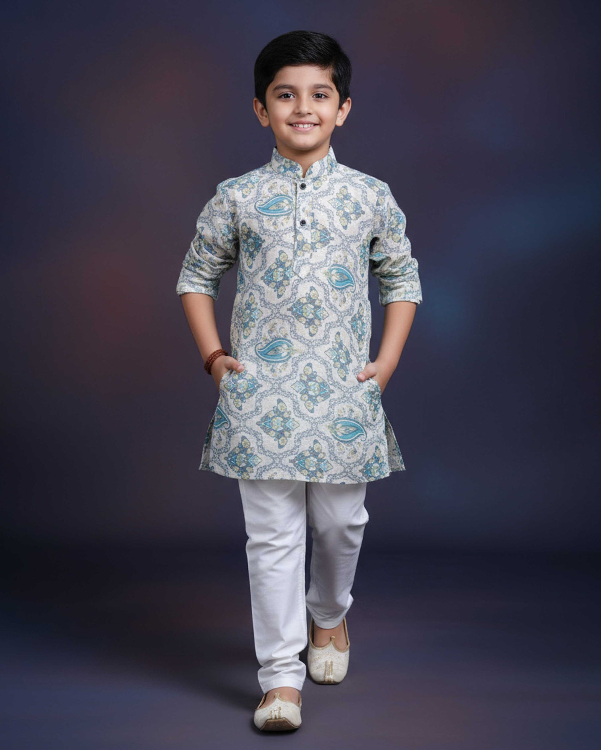 Boys Floral Printed Festive Kurta Set with Mandarin Collar - Cream