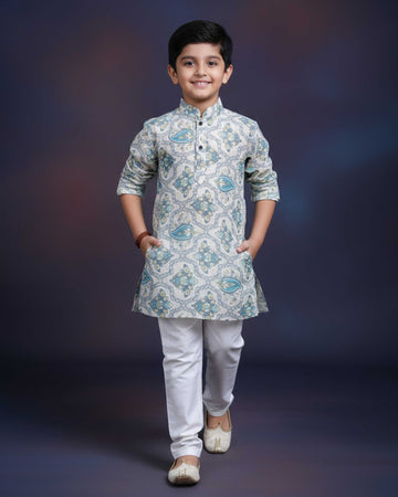 Boys Floral Printed Festive Kurta Set with Mandarin Collar - Cream