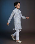 Boys Floral Printed Festive Kurta Set with Mandarin Collar - Grey