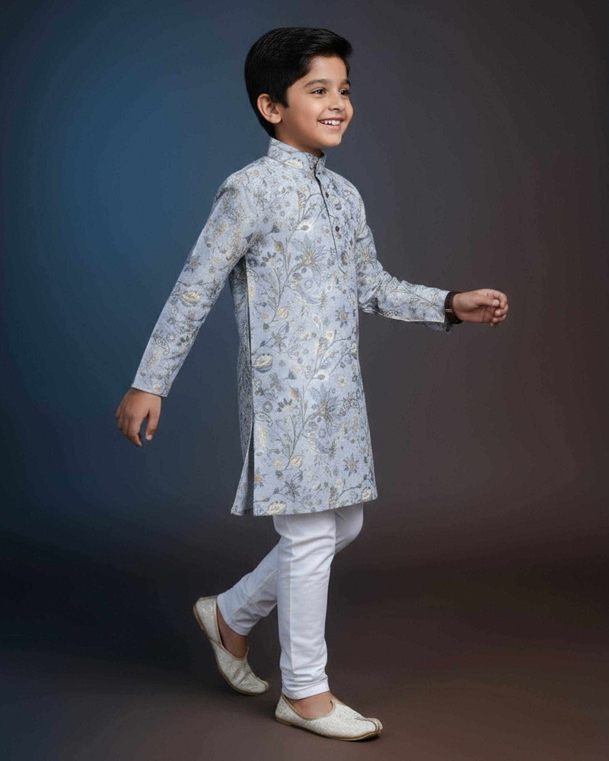 Boys Floral Printed Festive Kurta Set with Mandarin Collar - Grey