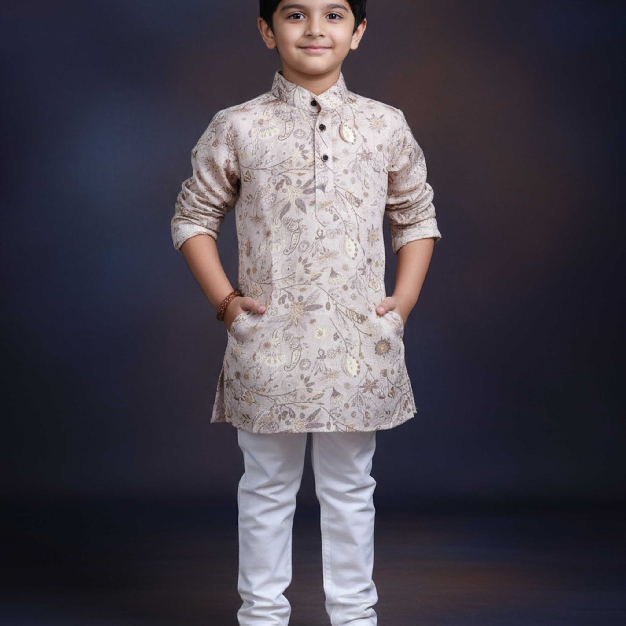 Boys Floral Printed Festive Kurta Set with Mandarin Collar - Sandal