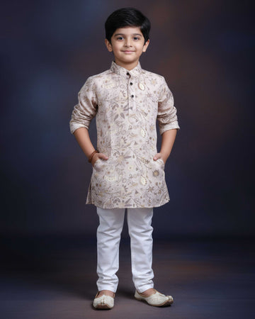 Boys Floral Printed Festive Kurta Set with Mandarin Collar - Sandal