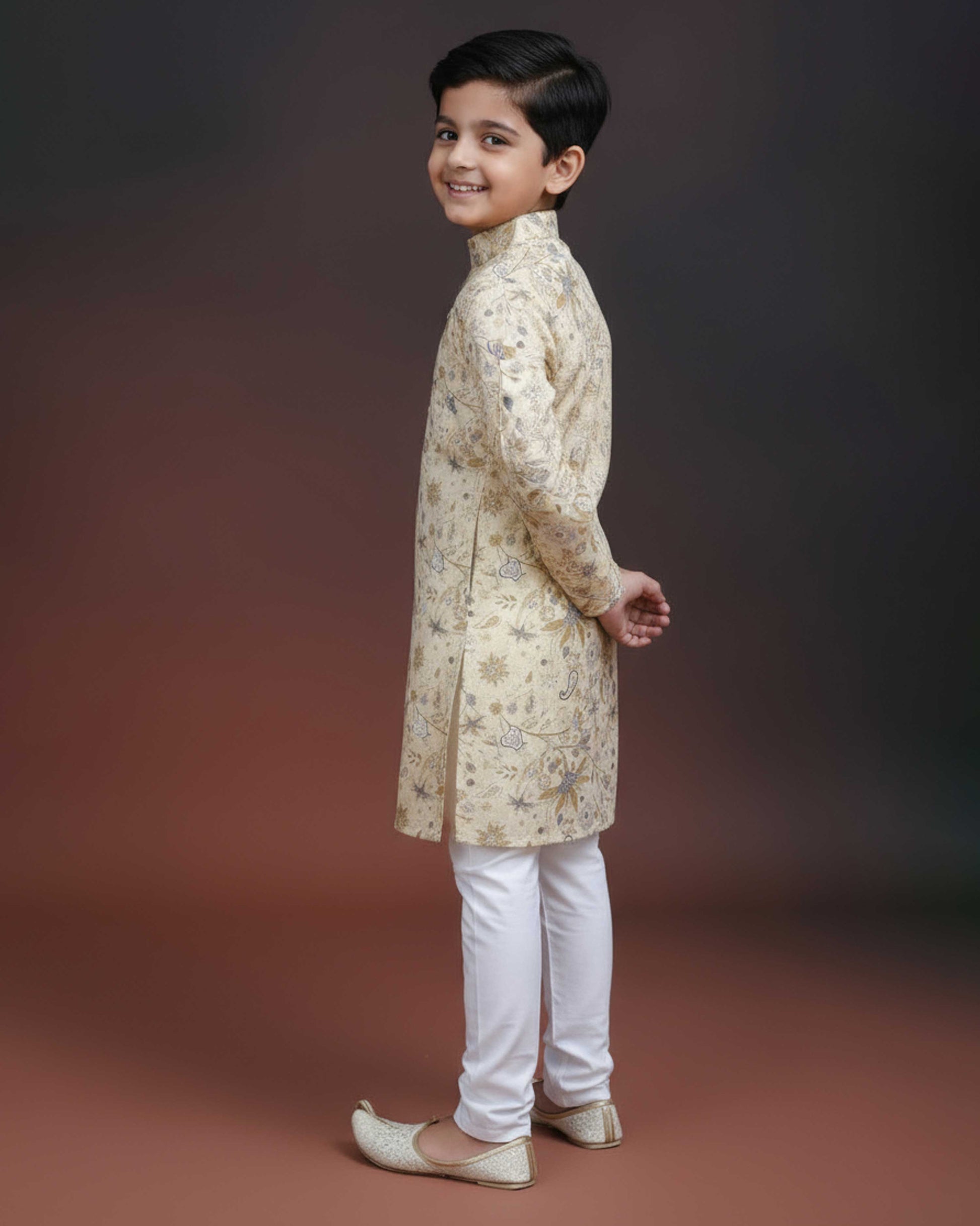 Boys Floral Printed Festive Kurta Set with Mandarin Collar - Yellow