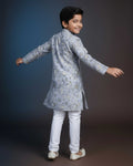 Boys Floral Printed Festive Kurta Set with Mandarin Collar - Grey