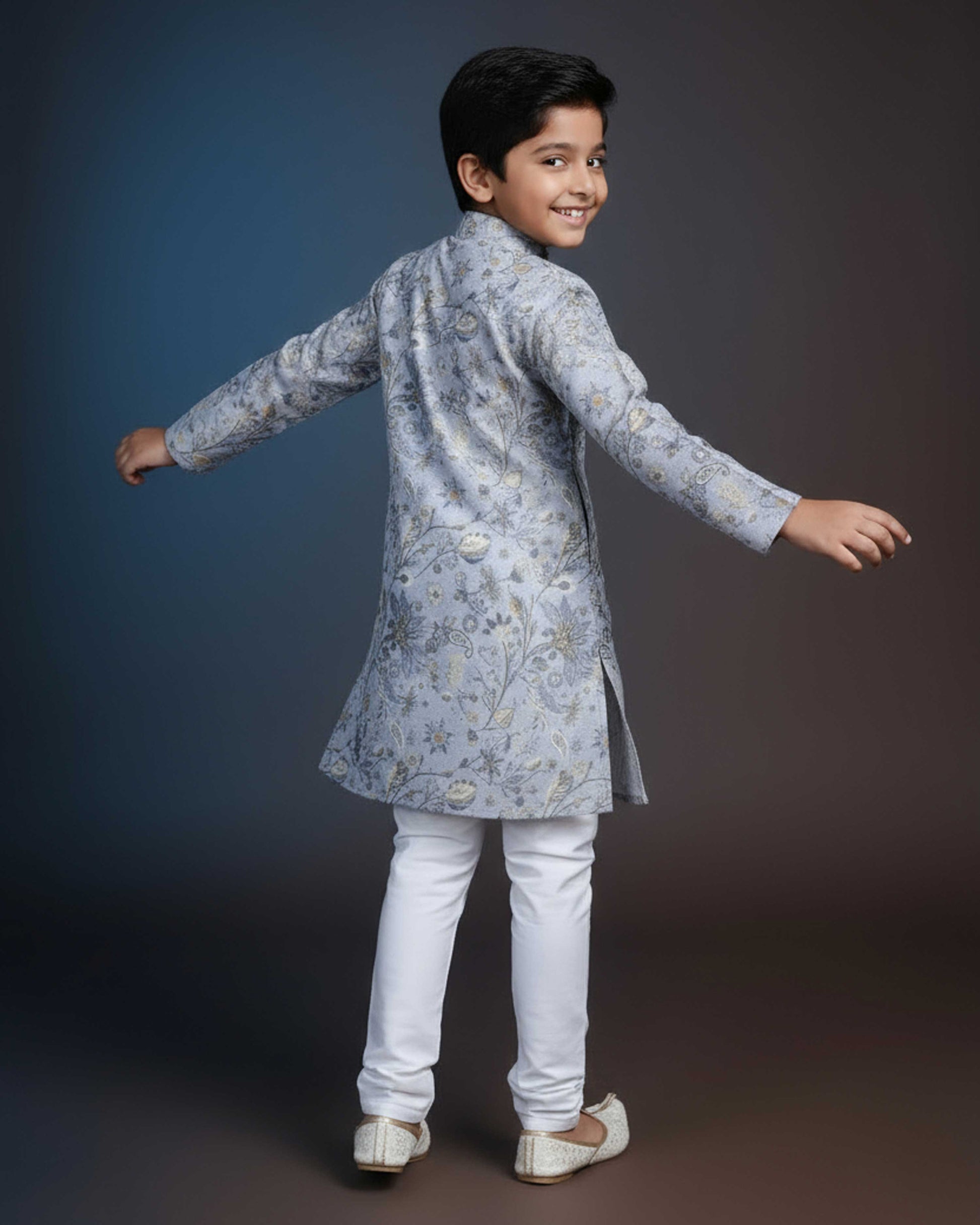 Boys Floral Printed Festive Kurta Set with Mandarin Collar - Grey