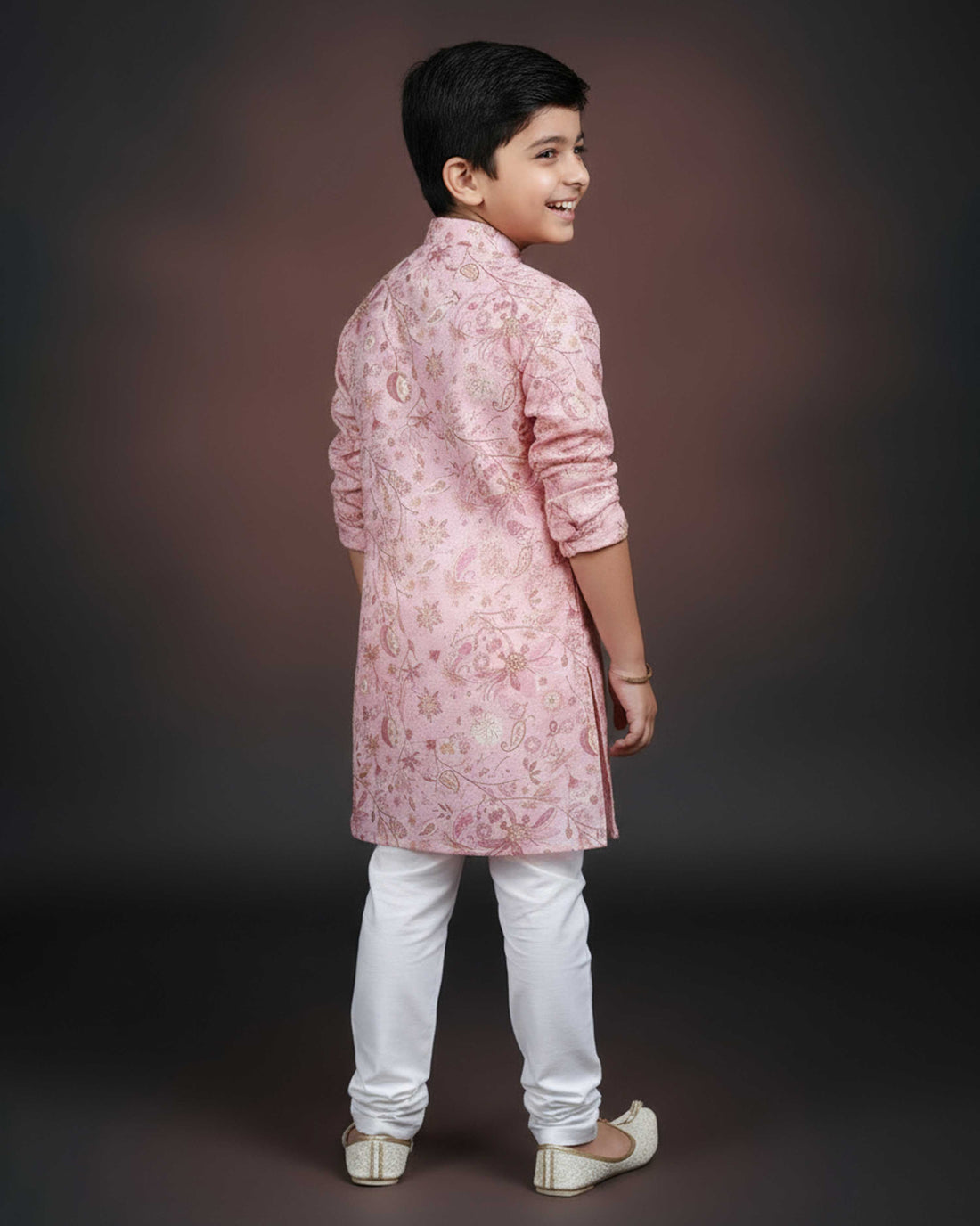Boys Floral Printed Festive Kurta Set with Mandarin Collar -Pink
