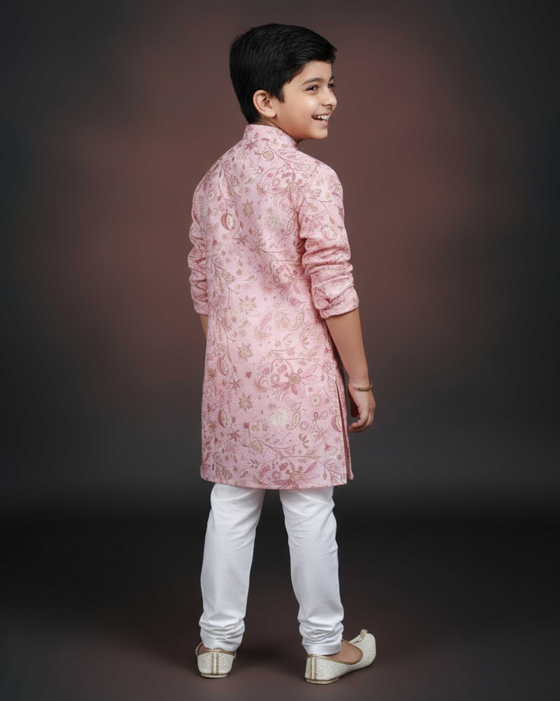 Boys Floral Printed Festive Kurta Set with Mandarin Collar 