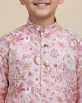 Boys Floral Printed Festive Kurta Set with Mandarin Collar -Pink-Close
